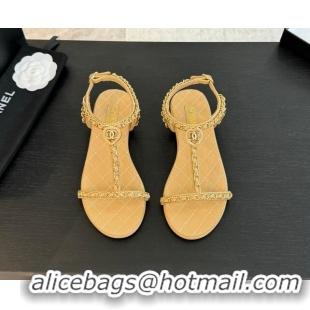 Best Grade Chanel Lambskin Flat Sandals with Chain and Heart G46111 Beige 0102070