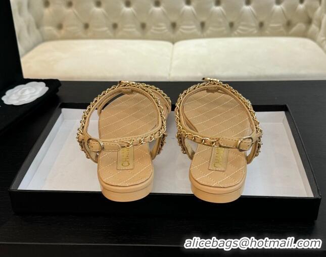 Best Grade Chanel Lambskin Flat Sandals with Chain and Heart G46111 Beige 0102070