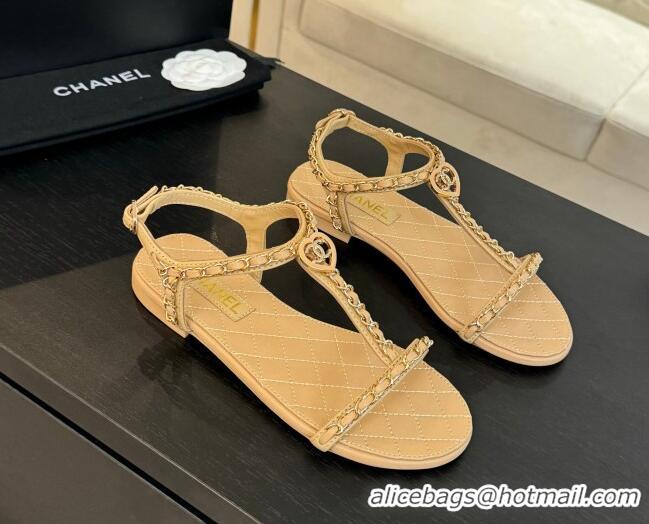 Best Grade Chanel Lambskin Flat Sandals with Chain and Heart G46111 Beige 0102070