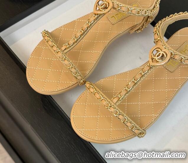 Best Grade Chanel Lambskin Flat Sandals with Chain and Heart G46111 Beige 0102070