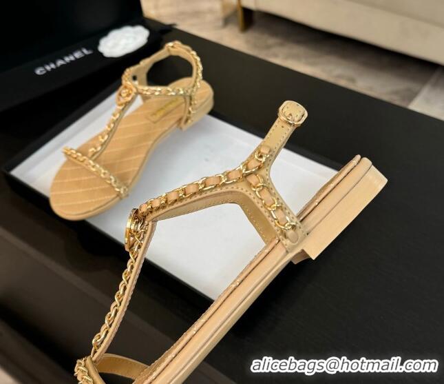 Best Grade Chanel Lambskin Flat Sandals with Chain and Heart G46111 Beige 0102070