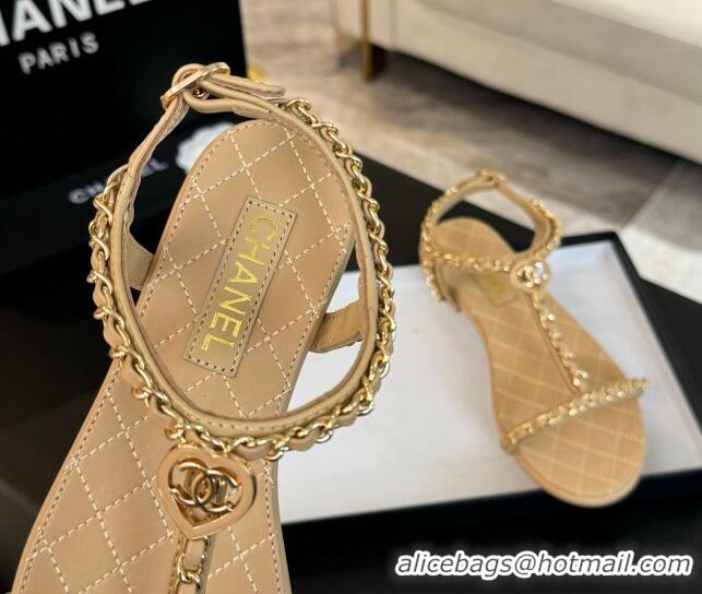 Best Grade Chanel Lambskin Flat Sandals with Chain and Heart G46111 Beige 0102070