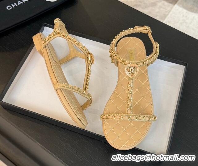 Best Grade Chanel Lambskin Flat Sandals with Chain and Heart G46111 Beige 0102070