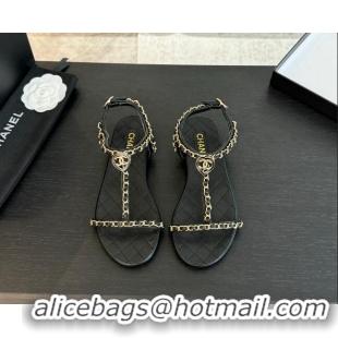 Pretty Style Chanel Lambskin Flat Sandals with Chain and Heart G46111 Black 0102071