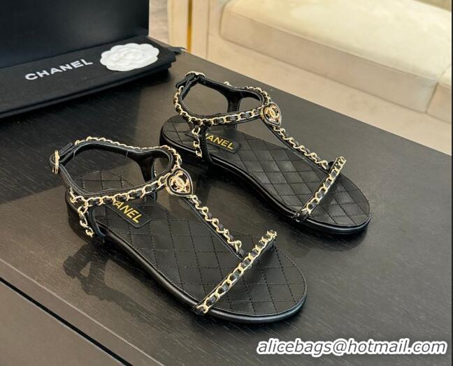 Pretty Style Chanel Lambskin Flat Sandals with Chain and Heart G46111 Black 0102071