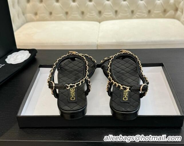 Pretty Style Chanel Lambskin Flat Sandals with Chain and Heart G46111 Black 0102071