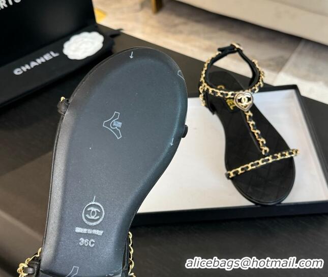 Pretty Style Chanel Lambskin Flat Sandals with Chain and Heart G46111 Black 0102071