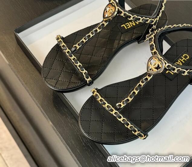 Pretty Style Chanel Lambskin Flat Sandals with Chain and Heart G46111 Black 0102071