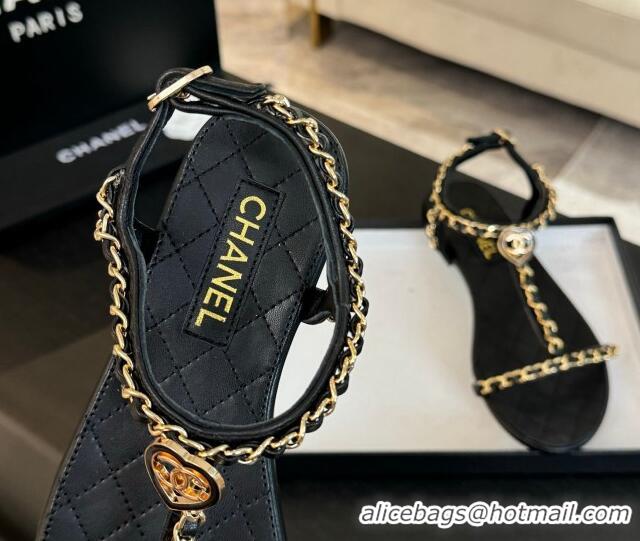 Pretty Style Chanel Lambskin Flat Sandals with Chain and Heart G46111 Black 0102071