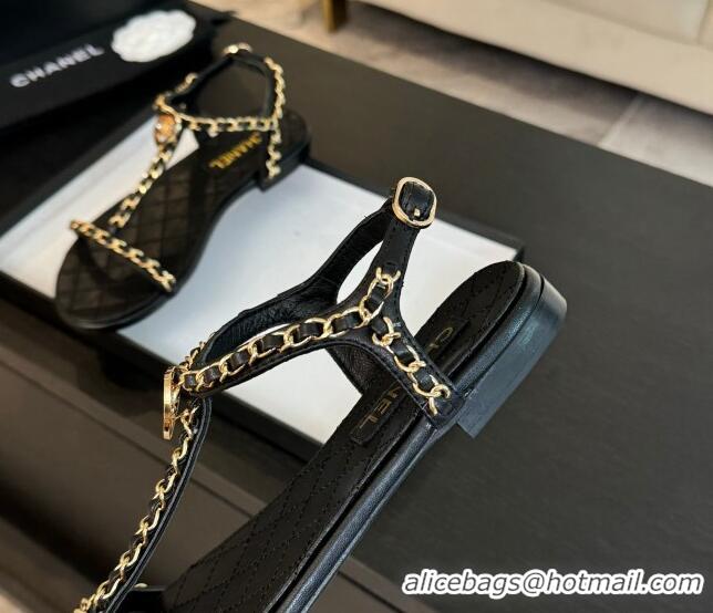 Pretty Style Chanel Lambskin Flat Sandals with Chain and Heart G46111 Black 0102071