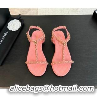 Grade Quality Chanel Lambskin Flat Sandals with Chain and Heart G46111 Pink 0102072