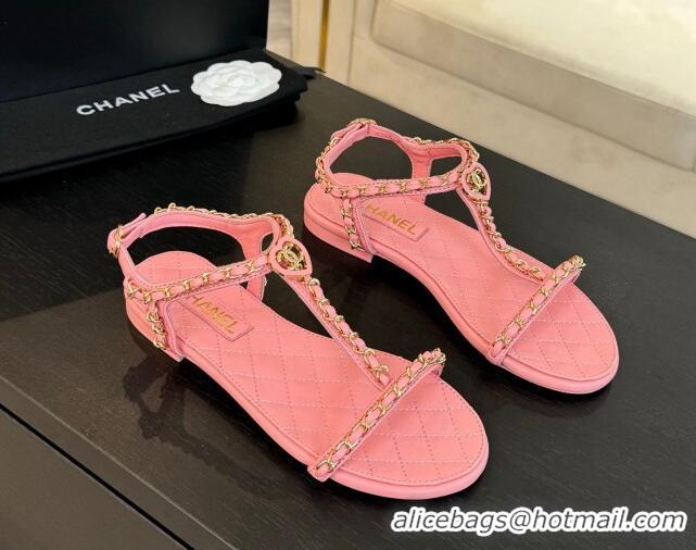 Grade Quality Chanel Lambskin Flat Sandals with Chain and Heart G46111 Pink 0102072