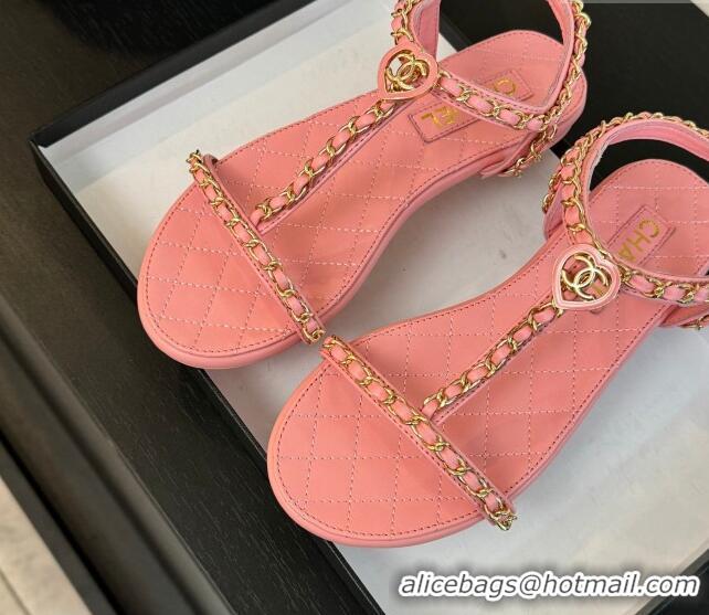 Grade Quality Chanel Lambskin Flat Sandals with Chain and Heart G46111 Pink 0102072