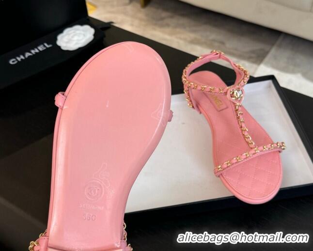 Grade Quality Chanel Lambskin Flat Sandals with Chain and Heart G46111 Pink 0102072