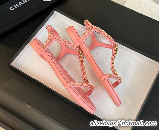 Grade Quality Chanel Lambskin Flat Sandals with Chain and Heart G46111 Pink 0102072