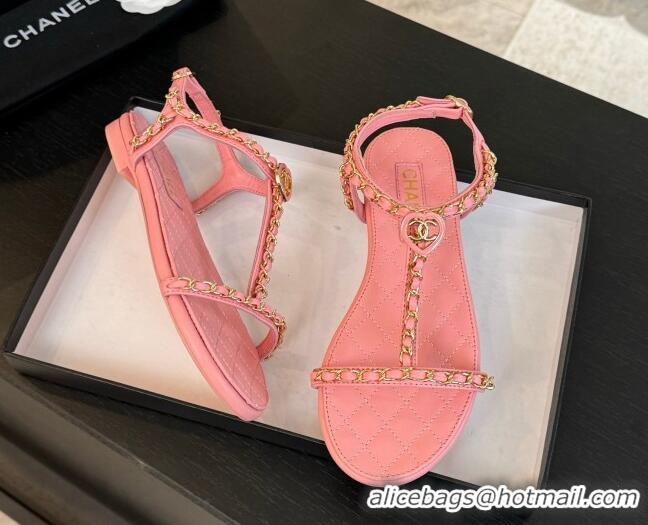 Grade Quality Chanel Lambskin Flat Sandals with Chain and Heart G46111 Pink 0102072