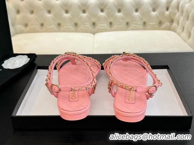 Grade Quality Chanel Lambskin Flat Sandals with Chain and Heart G46111 Pink 0102072