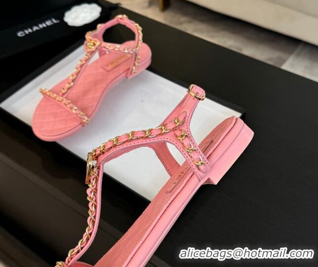 Grade Quality Chanel Lambskin Flat Sandals with Chain and Heart G46111 Pink 0102072