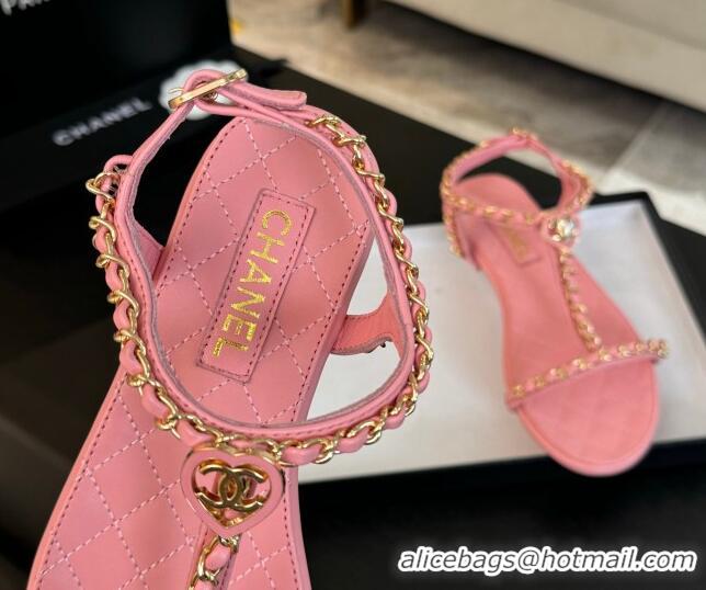 Grade Quality Chanel Lambskin Flat Sandals with Chain and Heart G46111 Pink 0102072