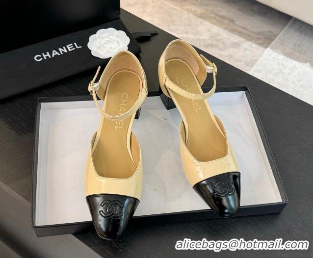 Good Quality Chanel Shiny Lambskin Mary Janes Pumps Beige 0102074