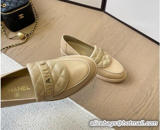 Luxury Chanel Calfskin Loafers with Quilted Foldover Beige 0102078