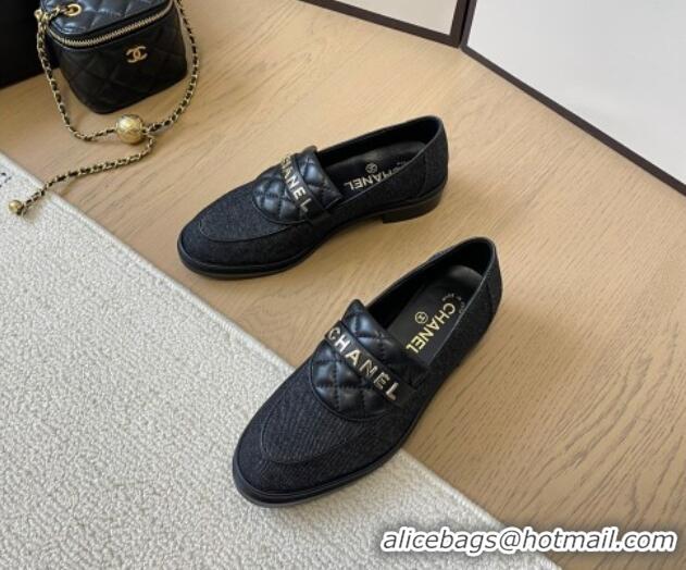 Best Price Chanel Black Denim Loafers with Quilted Foldover 0102079