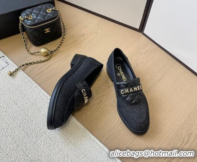 Best Price Chanel Black Denim Loafers with Quilted Foldover 0102079