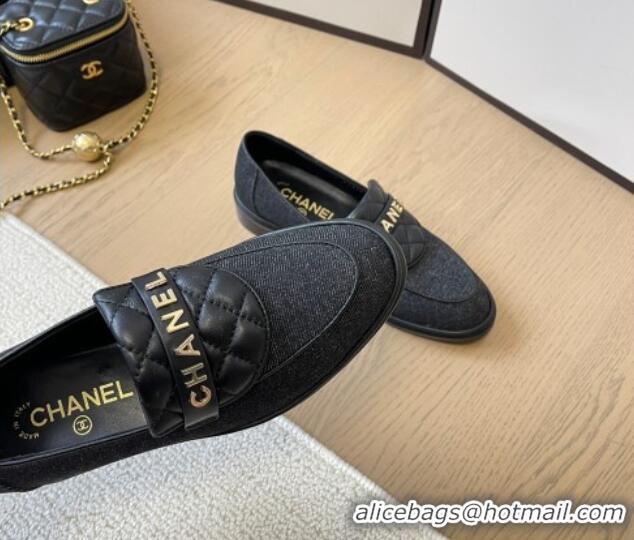 Best Price Chanel Black Denim Loafers with Quilted Foldover 0102079