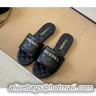 Classic Hot Chanel Calfskin Flat Slides Sandal with Quilted Foldover Black 0102081