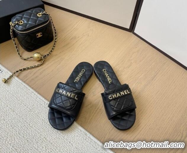 Classic Hot Chanel Calfskin Flat Slides Sandal with Quilted Foldover Black 0102081