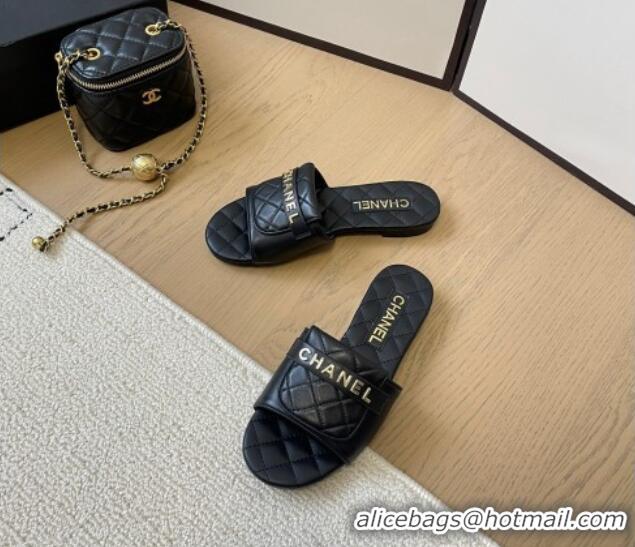 Classic Hot Chanel Calfskin Flat Slides Sandal with Quilted Foldover Black 0102081