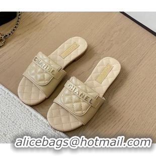 Good Product Chanel Calfskin Flat Slides Sandal with Quilted Foldover Beige 0102082