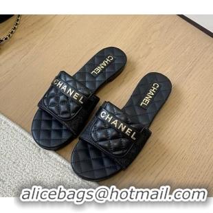 Popular Style Chanel Black Denim Flat Slides Sandal with Quilted Foldover 0102083