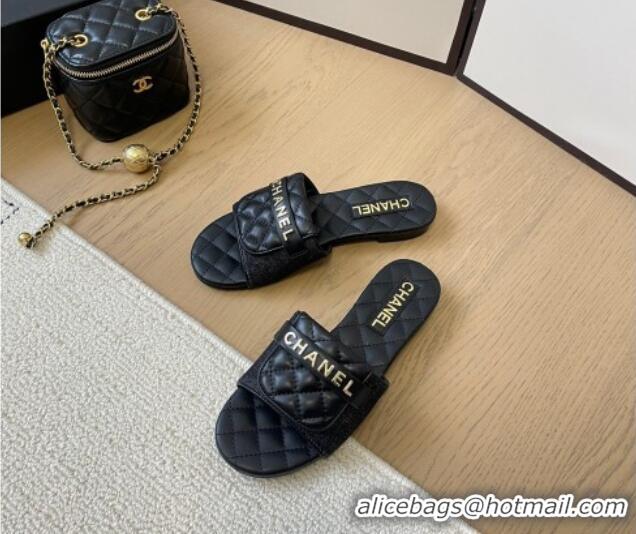 Popular Style Chanel Black Denim Flat Slides Sandal with Quilted Foldover 0102083