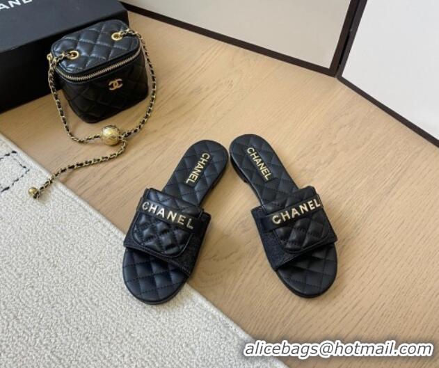 Popular Style Chanel Black Denim Flat Slides Sandal with Quilted Foldover 0102083