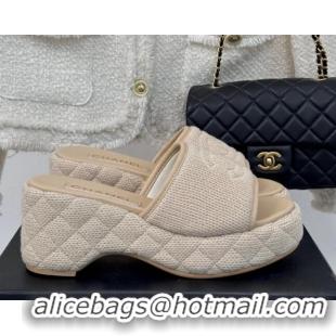 Top Grade Chanel Knit Wedge Slides Sandal 6cm Beige 0102084