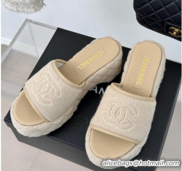 Top Grade Chanel Knit Wedge Slides Sandal 6cm Beige 0102084