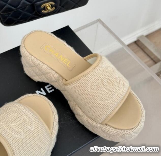 Top Grade Chanel Knit Wedge Slides Sandal 6cm Beige 0102084