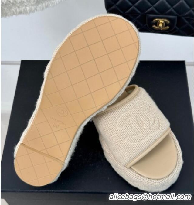 Top Grade Chanel Knit Wedge Slides Sandal 6cm Beige 0102084