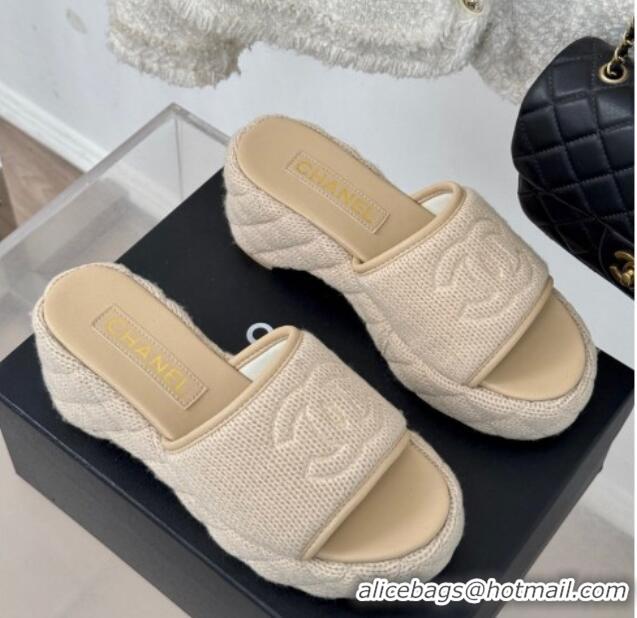 Top Grade Chanel Knit Wedge Slides Sandal 6cm Beige 0102084