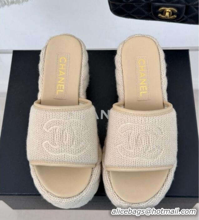 Top Grade Chanel Knit Wedge Slides Sandal 6cm Beige 0102084