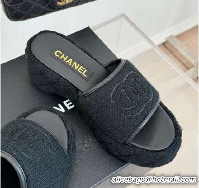 Top Design Chanel Knit Wedge Slides Sandal 6cm Black 0102085