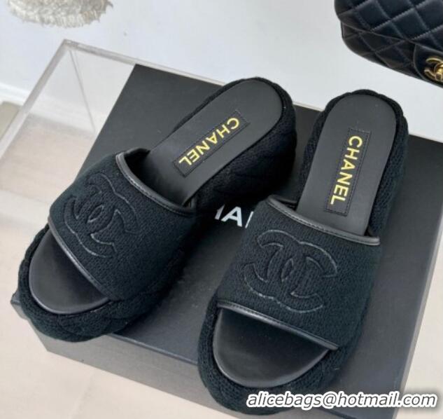 Top Design Chanel Knit Wedge Slides Sandal 6cm Black 0102085