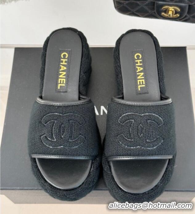 Top Design Chanel Knit Wedge Slides Sandal 6cm Black 0102085