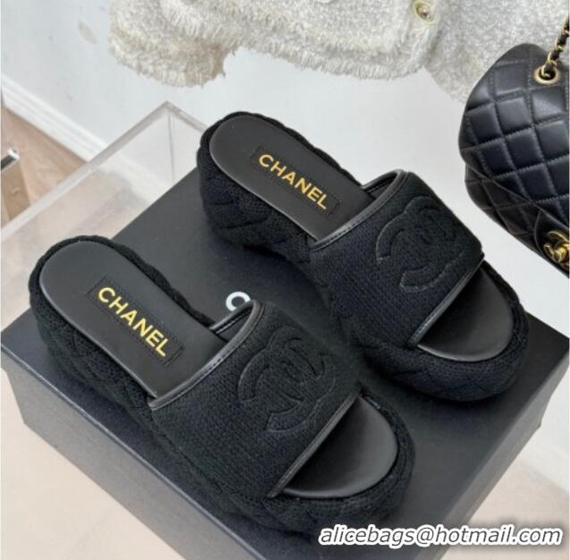 Top Design Chanel Knit Wedge Slides Sandal 6cm Black 0102085