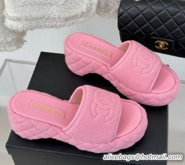 Durable Chanel Knit Wedge Slides Sandal 6cm Pink 0102087