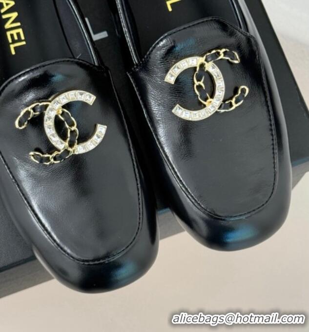 Luxurious Chanel Shiny Calfskin Loafers with Strass and Chain CC G46157 Black 0102088