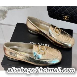 Top Design Chanel Shiny Calfskin Loafers with Strass and Chain CC G46157 Gold 0102089