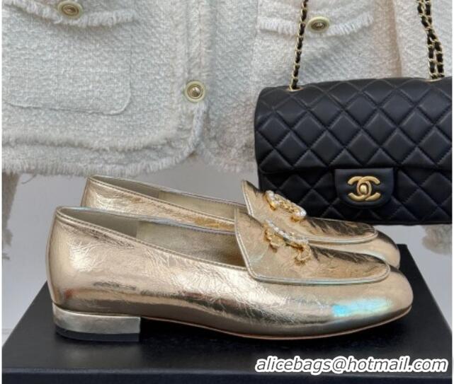 Top Design Chanel Shiny Calfskin Loafers with Strass and Chain CC G46157 Gold 0102089