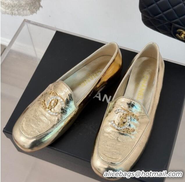 Top Design Chanel Shiny Calfskin Loafers with Strass and Chain CC G46157 Gold 0102089